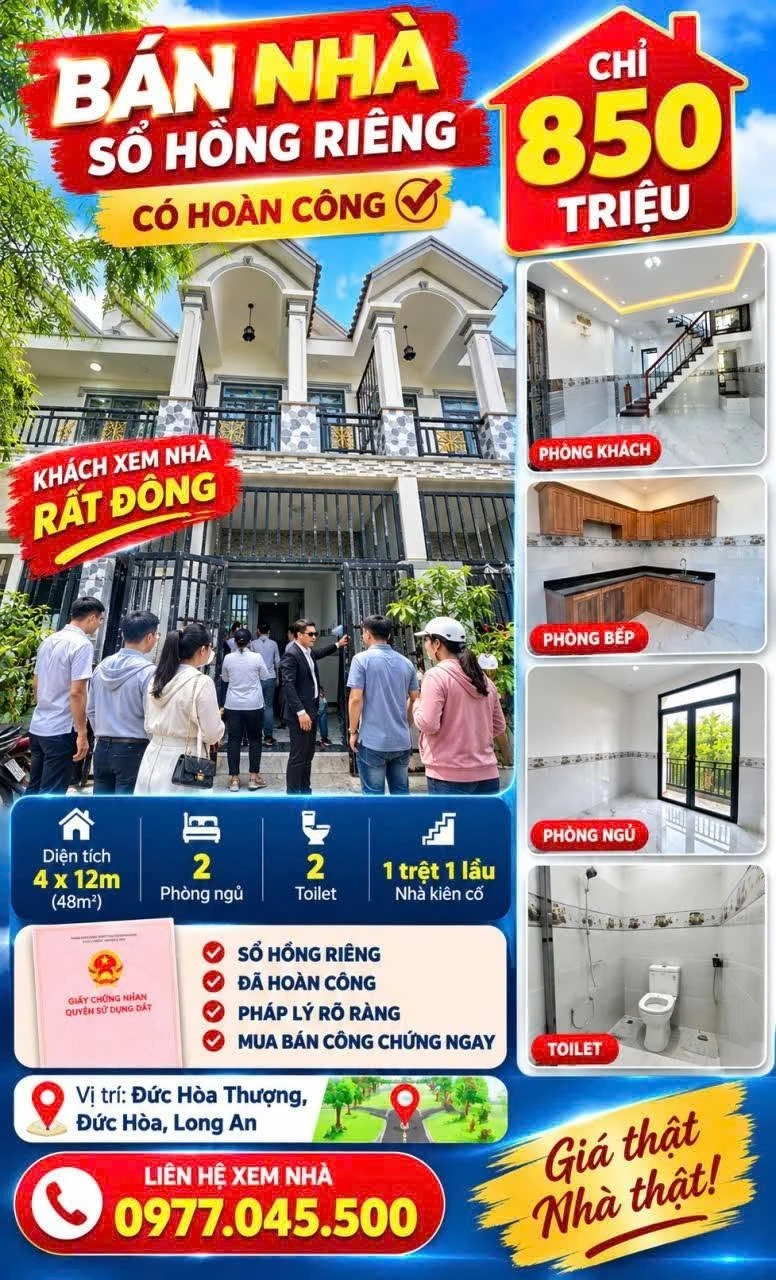 Bán nhà 1 trệt 1 lầu 48m² 850 triệu Đức Hòa Long An - Ảnh 1