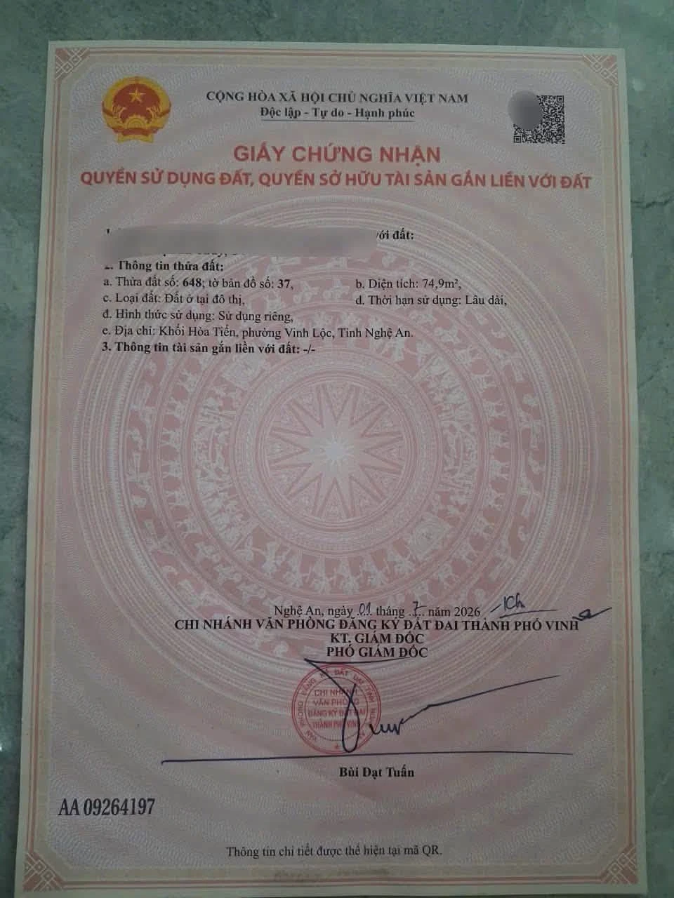 Bán đất kèm nhà cấp 4 74,9m2 đường Hoàng Văn Bá, Phường Vinh Lộc, Nghệ An - Ảnh 1