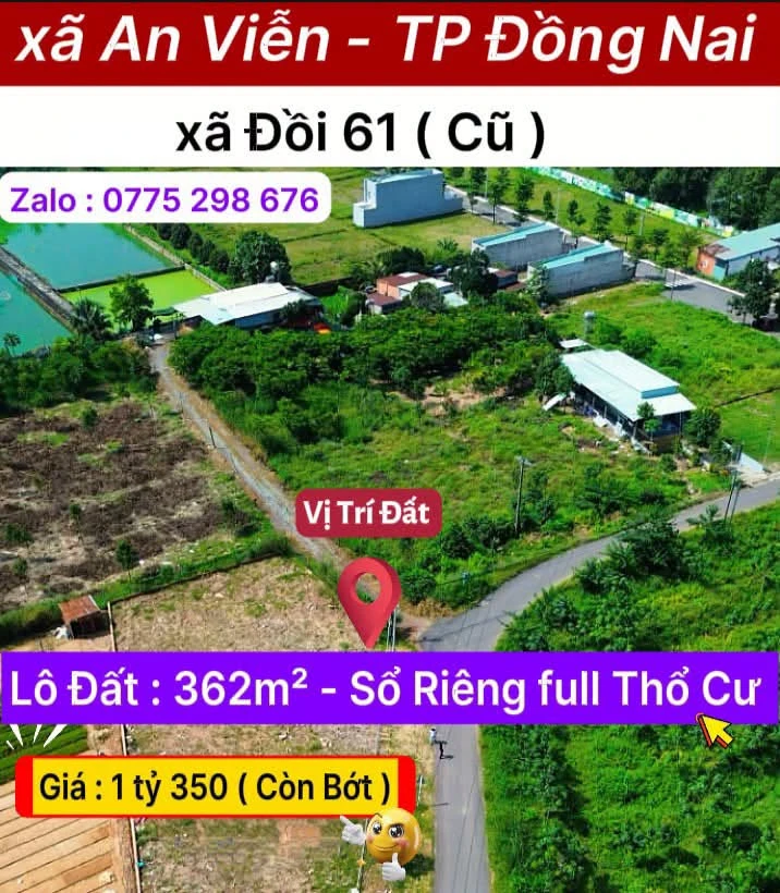 Bán lô đất thổ cư 362m2 sổ riêng, đường nhựa tại xã An Viễn, Đồng Nai - Ảnh 1
