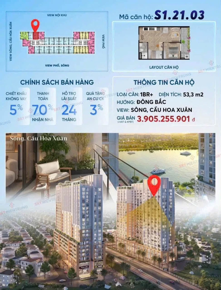 Bán căn hộ 1PN+ 53,3m² view sông, cầu Hòa Xuân, Đà Nẵng giá 3,905 tỷ - Ảnh 1