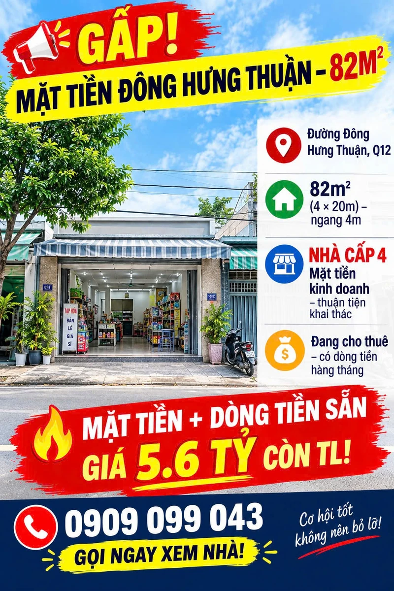 Bán nhà mặt tiền Đông Hưng Thuận 82m² giá 5,6 tỷ, Quận 12 - Ảnh 1