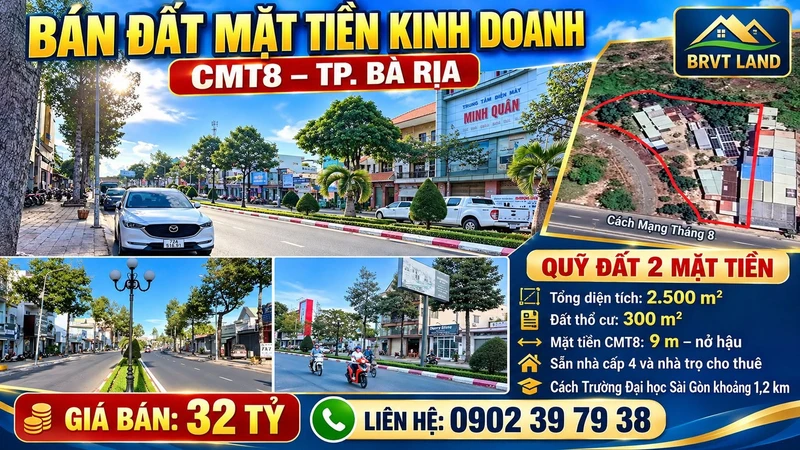 Bán đất mặt tiền Cách Mạng Tháng 8, Bà Rịa, 2.500 m²