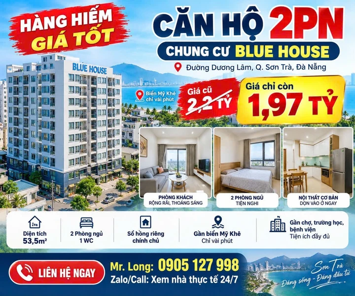 Bán căn hộ 2PN 53,5m² Sơn Trà Đà Nẵng 1,97 tỷ