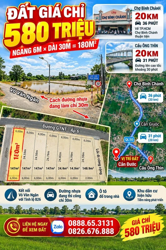 Bán đất 180m² ngang 6m, gần Võ Văn Ngân, Cần Dước, 580 triệu