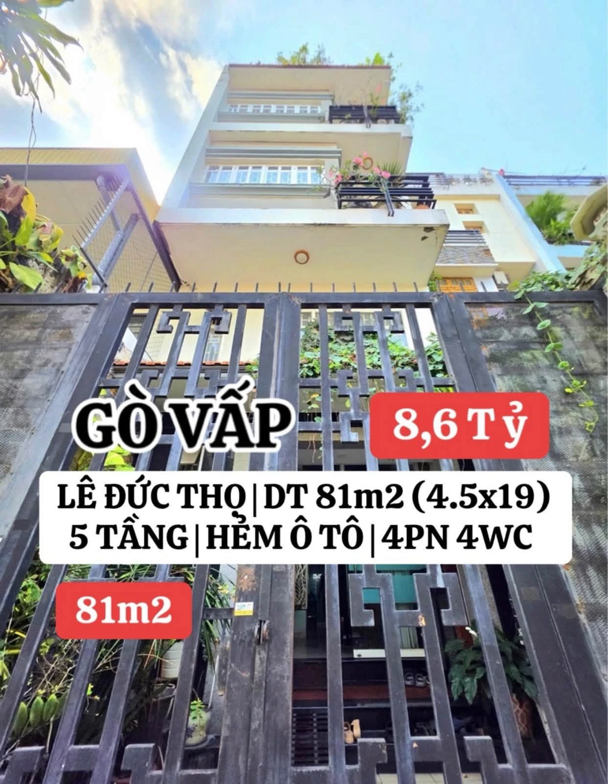 Bán nhà 4 tầng 81m2 Lê Đức Thọ Gò Vấp 8.6 tỷ - Ảnh 1
