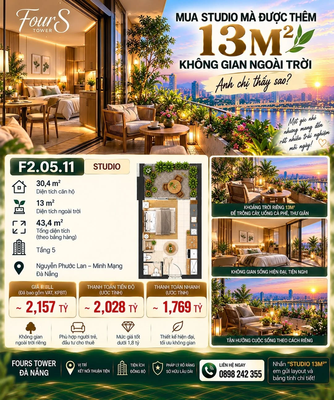 Bán căn studio 43,4m² có ban công tại FourS Tower Đà Nẵng - Ảnh 1