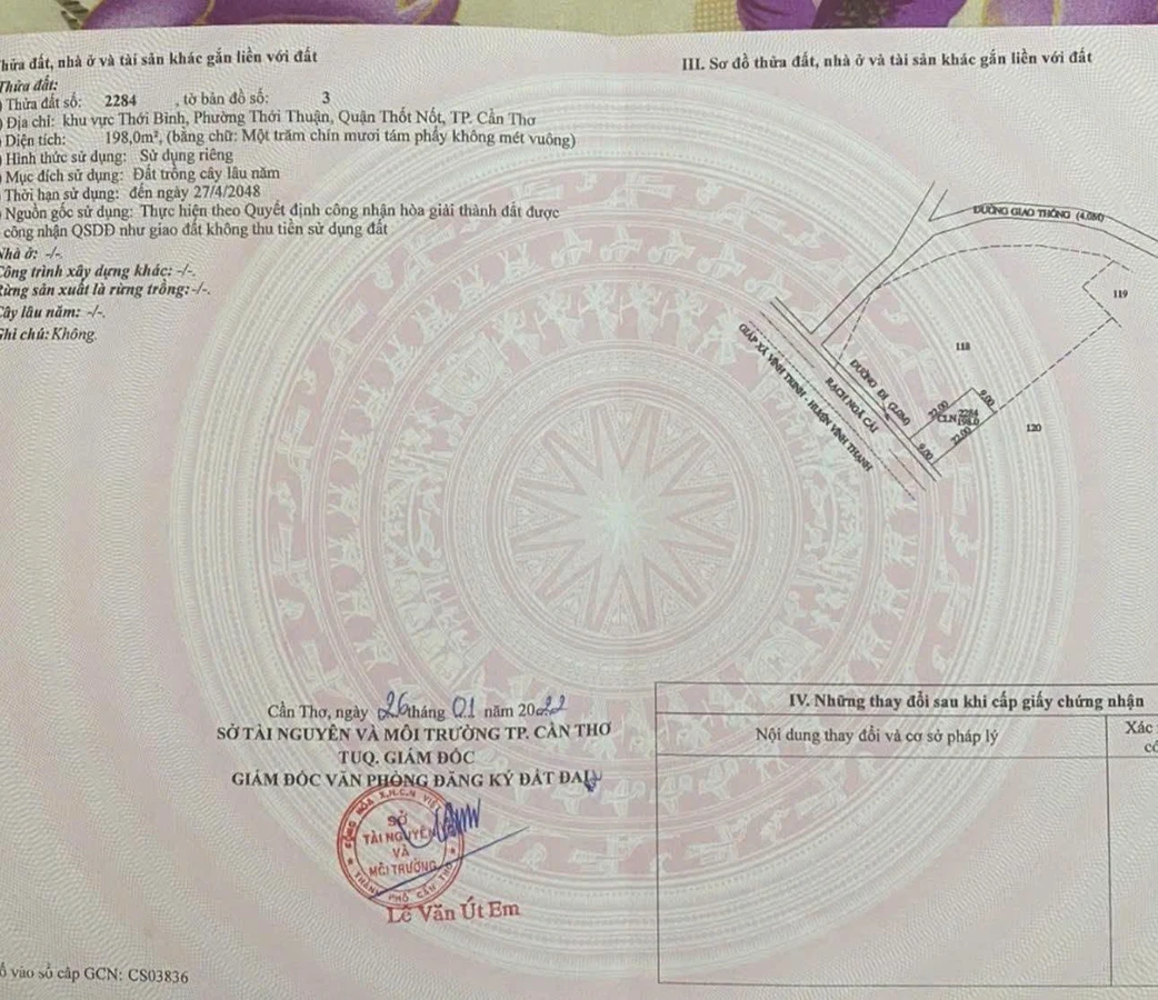 Bán nền 198m2 Thối Thuận, Thốt Nốt, Cần Thơ 1 tỷ 200 triệu - Ảnh 1