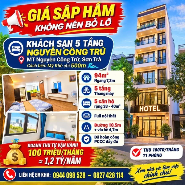Bán khách sạn 5 tầng 94m2 mặt tiền Nguyễn Công Trứ, Sơn Trà, Đà Nẵng giá 16,8 tỷ