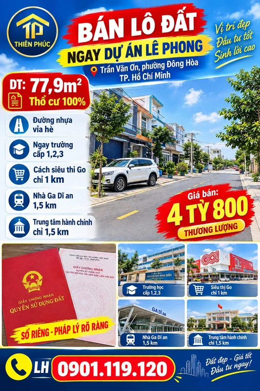 Bán đất thổ cư 77,9m2 đường Trần Văn Ơn, phường Đông Hòa (Dĩ An cũ), giá 4,8 tỷ