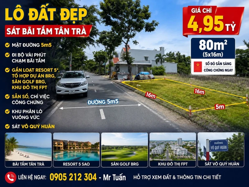 Bán đất 80m2 gần bãi tắm Tân Trà, Võ Quý Huân, Đà Nẵng, giá 4,95 tỷ