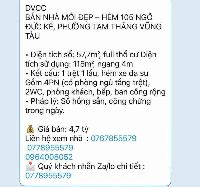 Bán nhà mới 4PN, 57,7m² Vũng Tàu, giá 4,7 tỷ