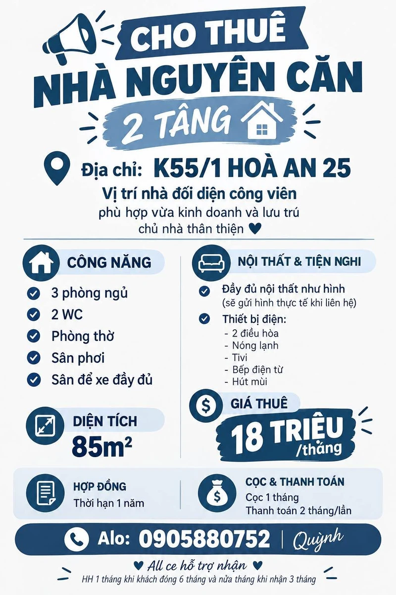 Cho thuê nhà nguyên căn 2 tầng 3PN 85m2 Hoà An - Ảnh 1