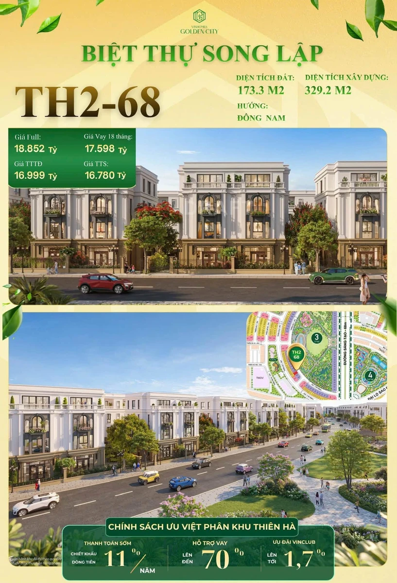 Bán biệt thự song lập Vinhomes Golden City 329m², 16,999 tỷ - Ảnh 1