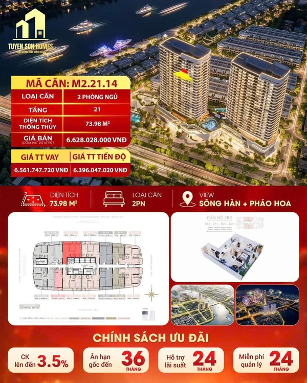 Bán căn hộ 2PN The Meridian Đà Nẵng 73,9m² giá 6,3 tỷ
