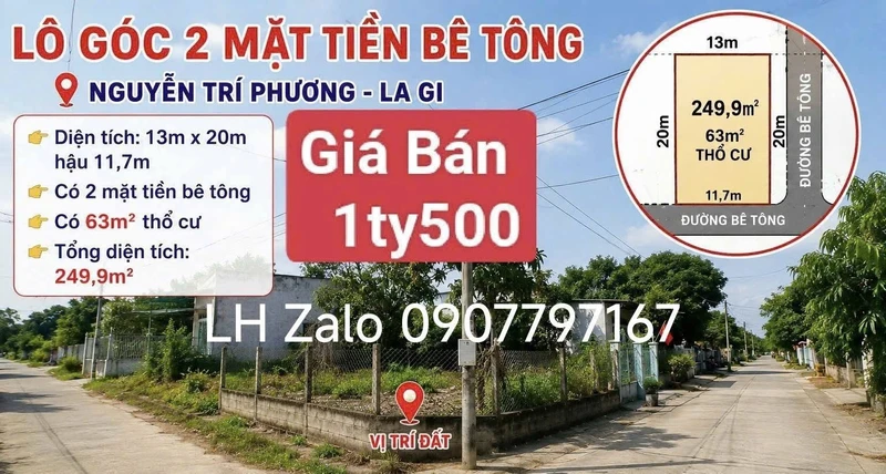 Bán đất 2 mặt tiền 260m² La Gi, Lâm Đồng 1.5 tỷ