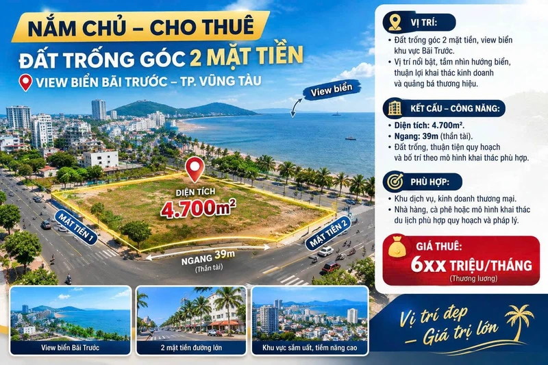 Cho thuê đất trống góc 2 mặt tiền view biển Vũng Tàu 4.700m²