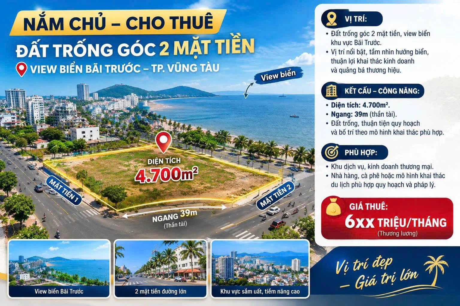 Cho thuê đất trống góc 2 mặt tiền view biển Vũng Tàu 4.700m² - Ảnh 1