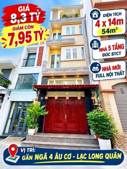 Bán nhà mới 5 tầng đúc BTCT, 4x14m, 53m2, giá 7,95 tỷ, gần Quận 10 - Ảnh 1