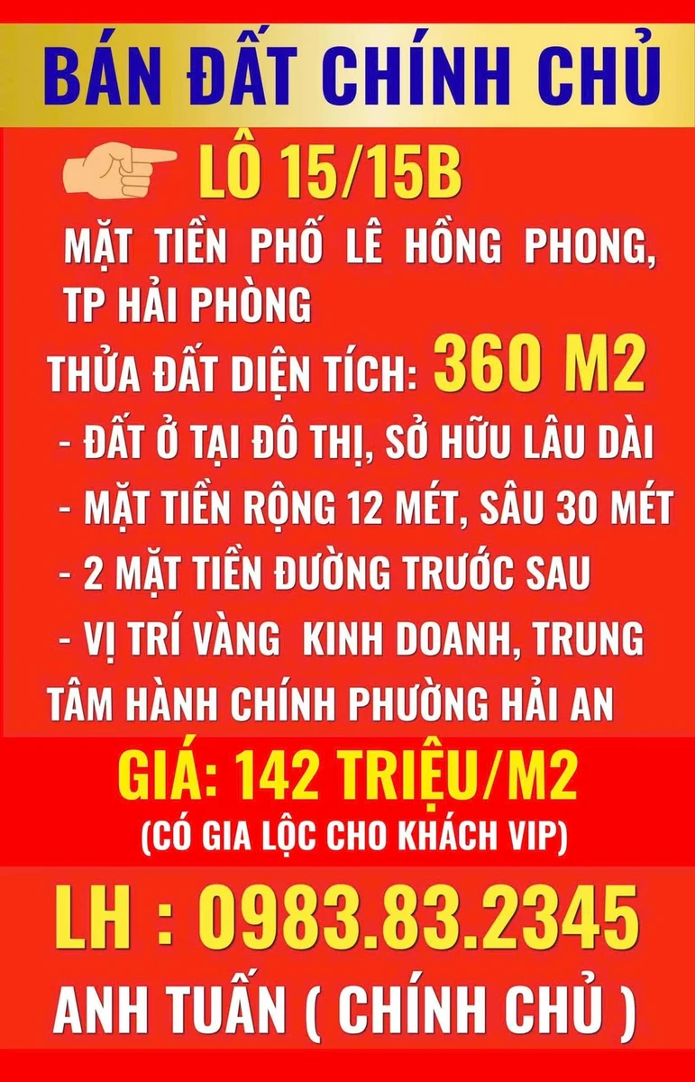 Bán đất mặt phố Lê Hồng Phong 360m2, 142tr/m2 - Ảnh 1