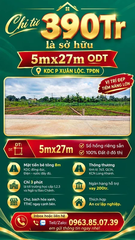 Bán đất ở đô thị 5x27m, 390 triệu, Phường Xuân Lộc, TP Đồng Nai