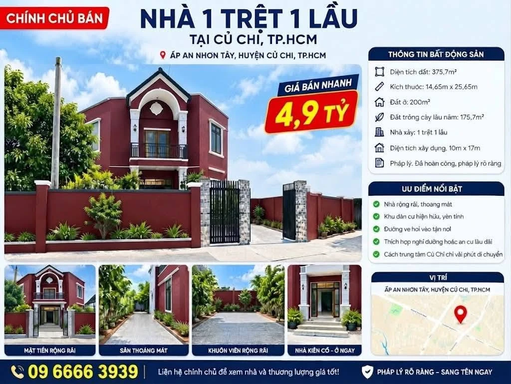 Bán nhà 1 trệt 1 lầu Củ Chi 375,7m² giá 4,9 tỷ - Ảnh 1