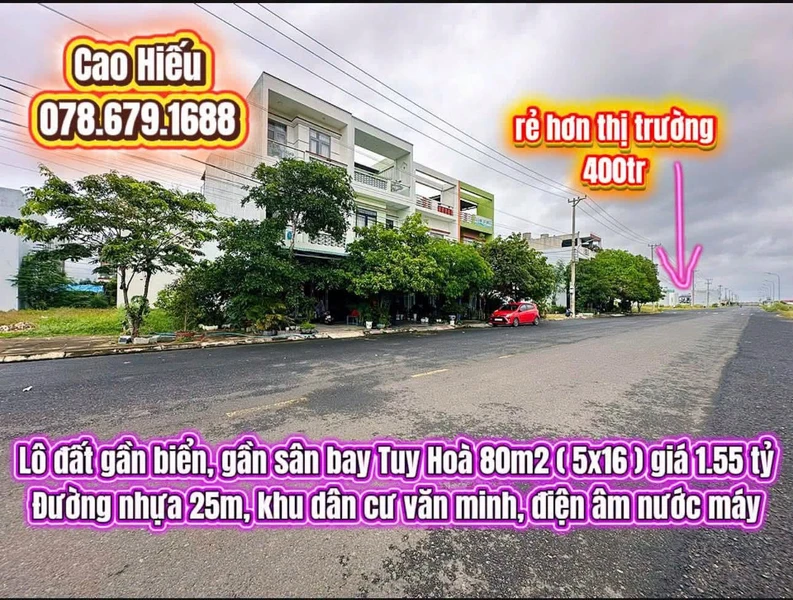 Bán đất gần biển sân bay Tuy Hoà 80m2, 1.55 tỷ