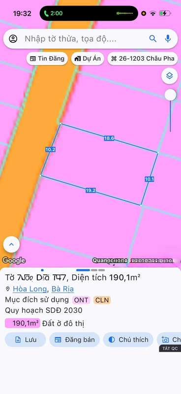 Bán lô đất mặt tiền 190m² Bà Rịa