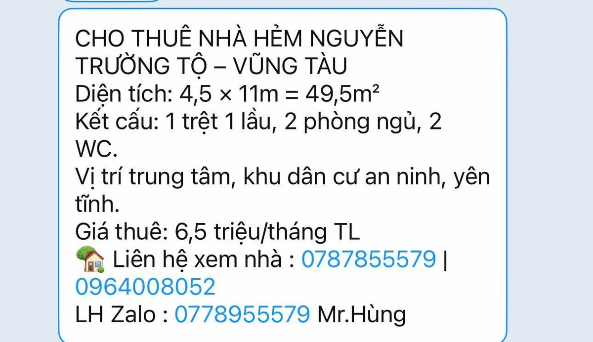 Cho thuê nhà hẻm Nguyễn Trường Tộ, Vũng Tàu 49,5m², 2PN 6,5 triệu/tháng - Ảnh 1