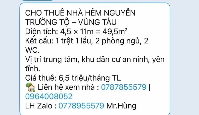Cho thuê nhà hẻm Nguyễn Trường Tộ, Vũng Tàu 49,5m², 2PN 6,5 triệu/tháng