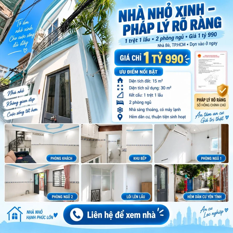 Bán nhà 2PN 30m² sổ hồng riêng Nhà Bè 1 tỷ 990 triệu - Ảnh 1