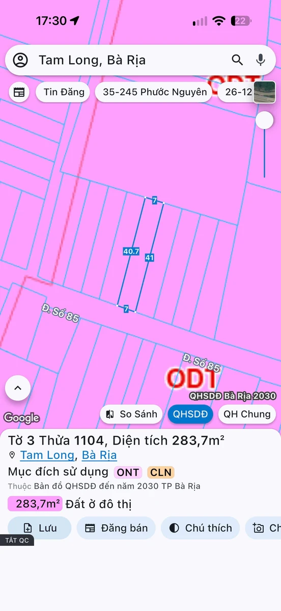 Bán lô đất mặt tiền đường 85 Hoà Long Bà Rịa 280m2 - Ảnh 1