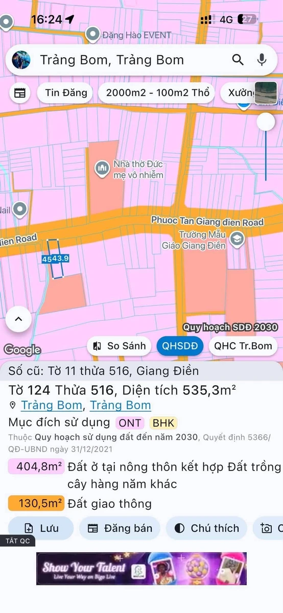 Bán đất Giang Điền Đồng Nai 540m², sổ riêng 4.5 tỷ - Ảnh 1