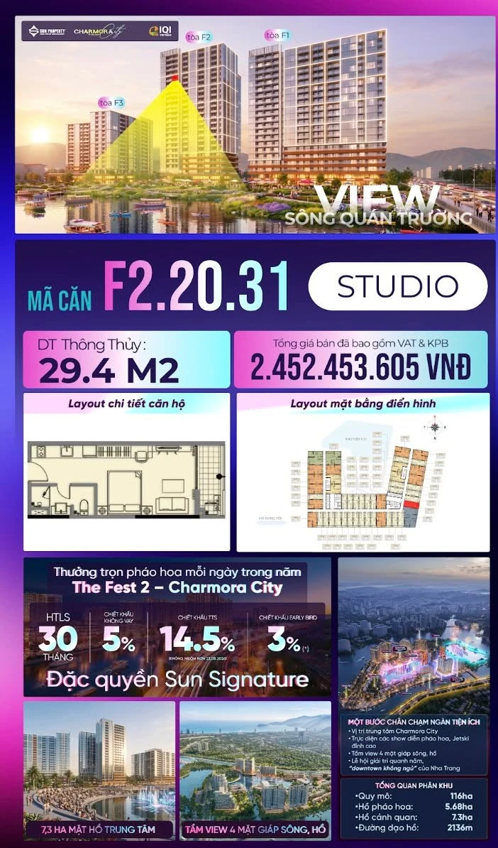 Bán studio tầng 20 view sông 29.4m² The Fest 2 Nha Trang từ 1.9 tỷ - Ảnh 1
