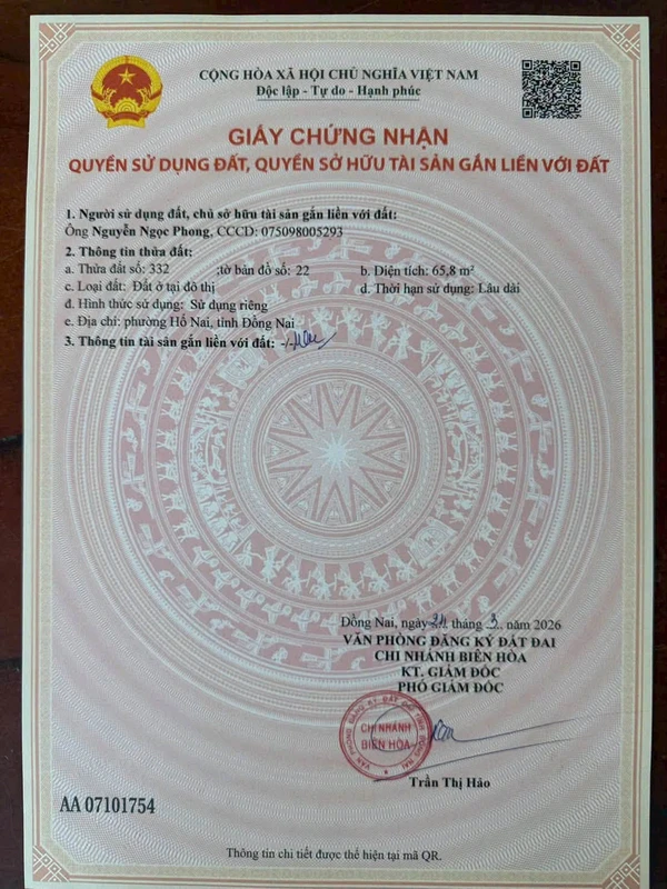 Bán đất Hố Nai, Biên Hòa 65,5m² sổ riêng 1 tỷ 750 triệu