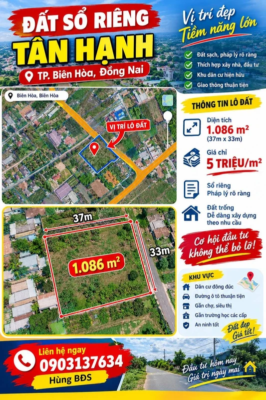 Bán đất sổ riêng Tân Hạnh Biên Hòa 1.086m² giá 5 triệu/m²