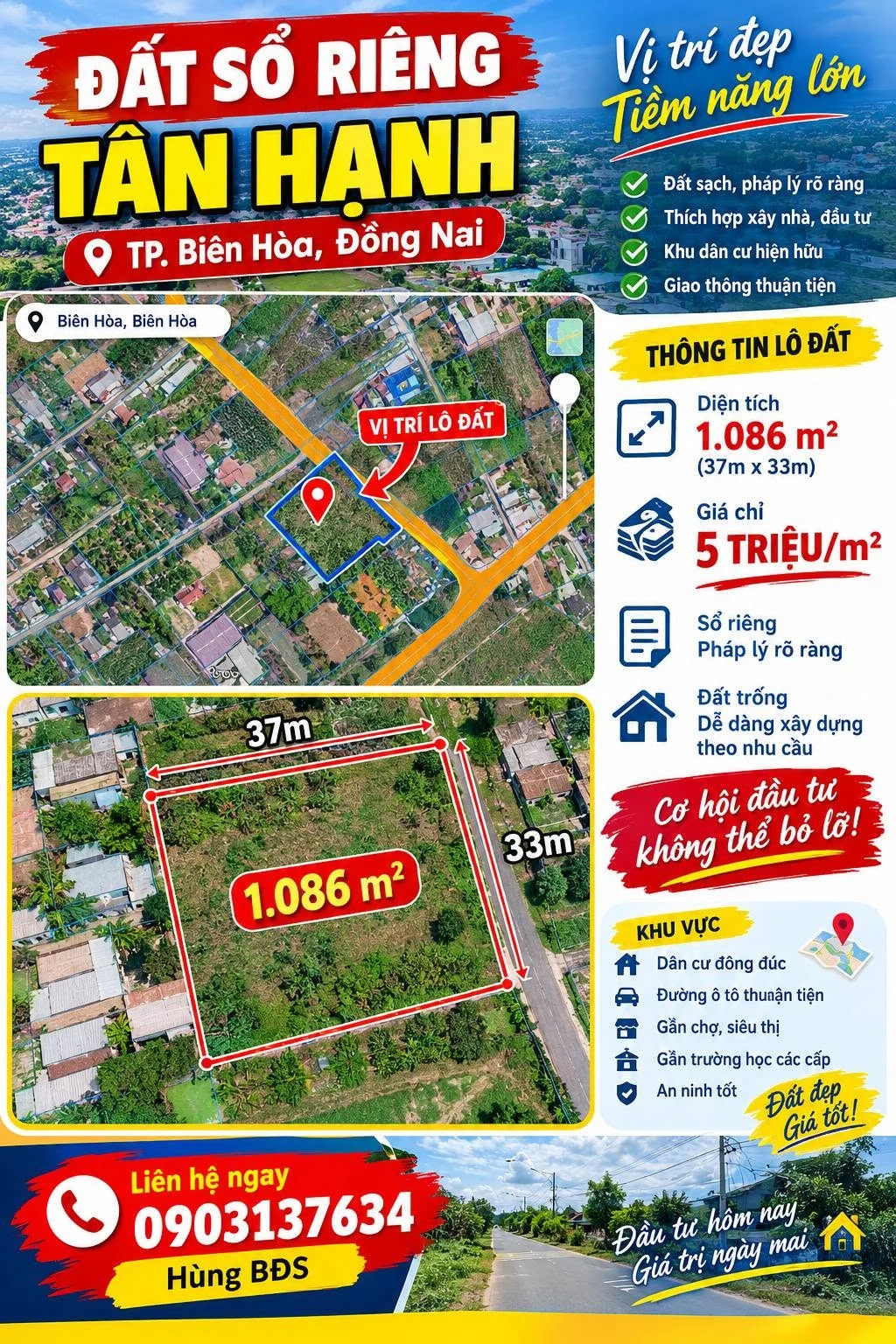Bán đất sổ riêng Tân Hạnh Biên Hòa 1.086m² giá 5 triệu/m² - Ảnh 1
