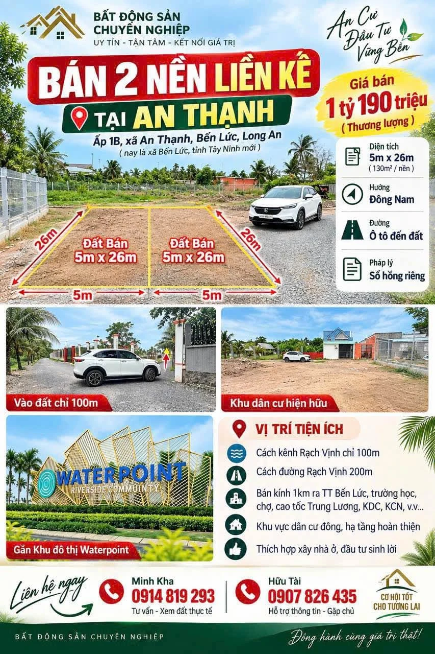 Bán 2 nền đất thổ cư 130m² Bến Lức, Long An, giá 1 tỷ 190 triệu - Ảnh 1