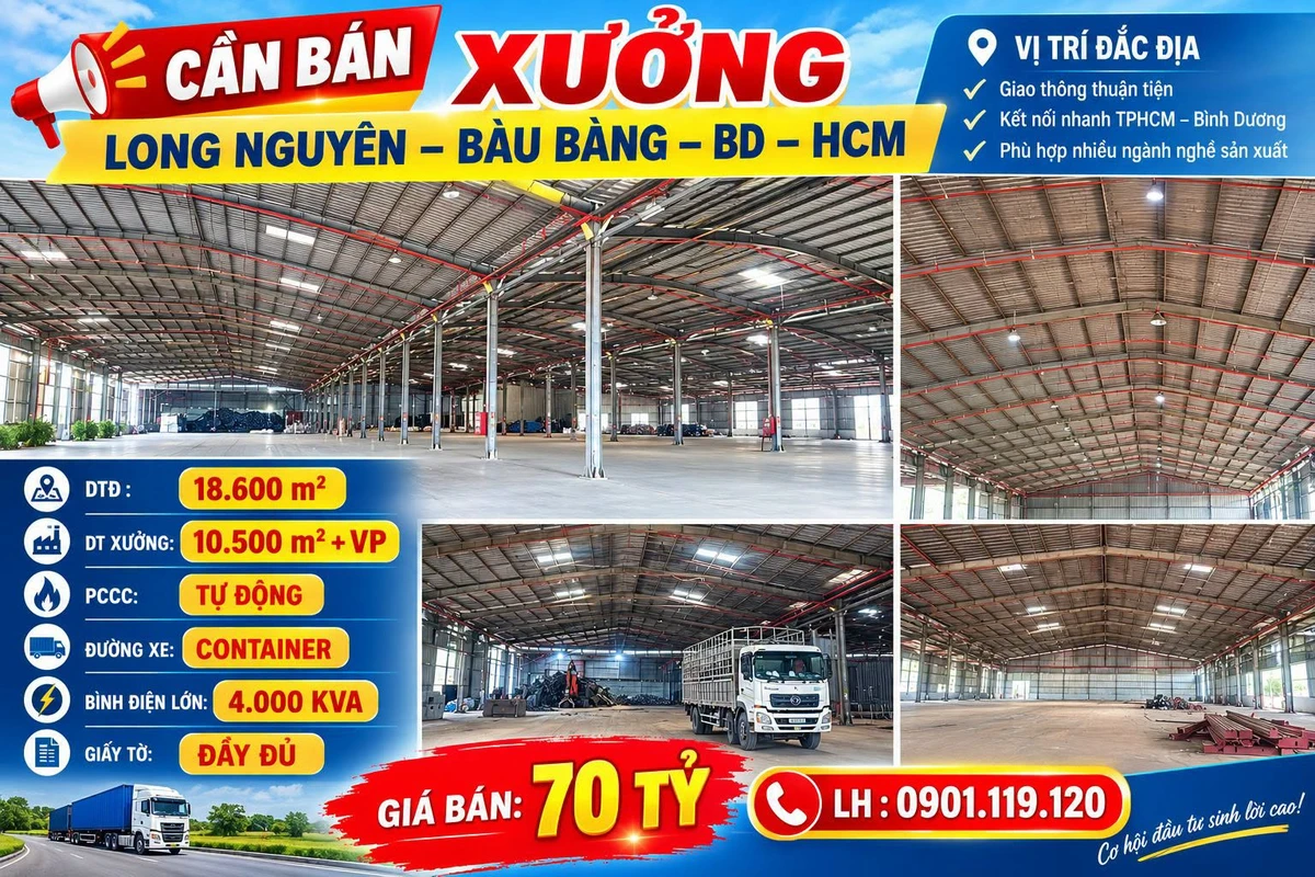 Bán xưởng 18.600m2 Long Nguyên, Bàu Bàng, Bình Dương giá 70 tỷ - Ảnh 1