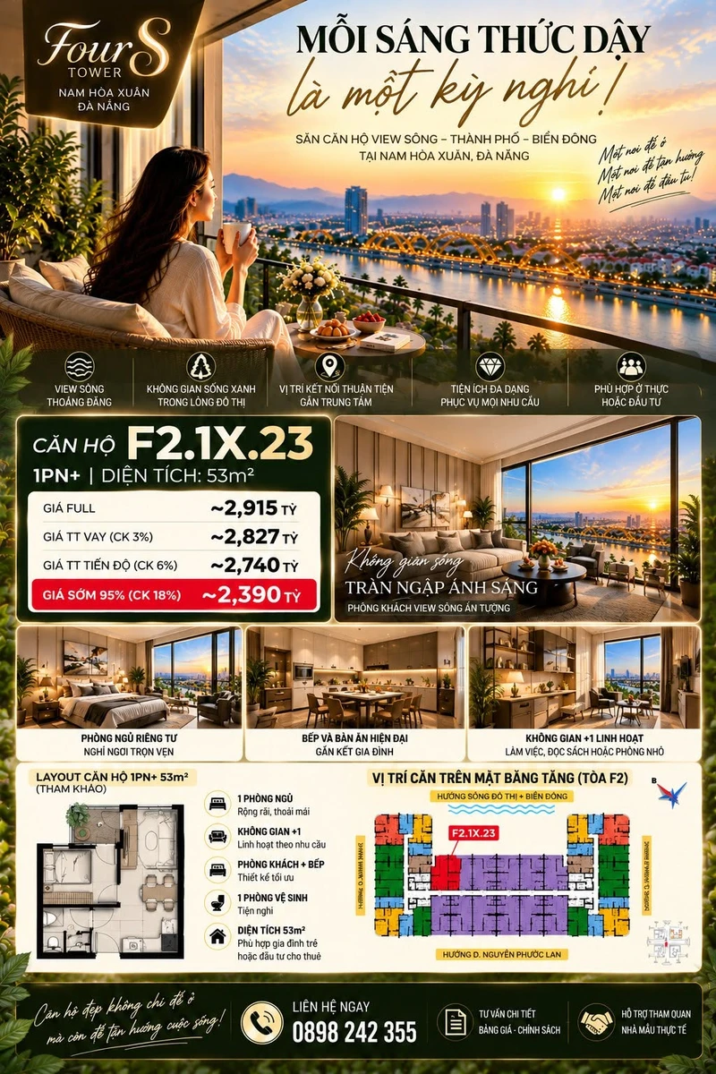 Bán căn hộ 1PN+ 61m² giá 2,54 tỷ tại Fours Tower, Đà Nẵng - Ảnh 1