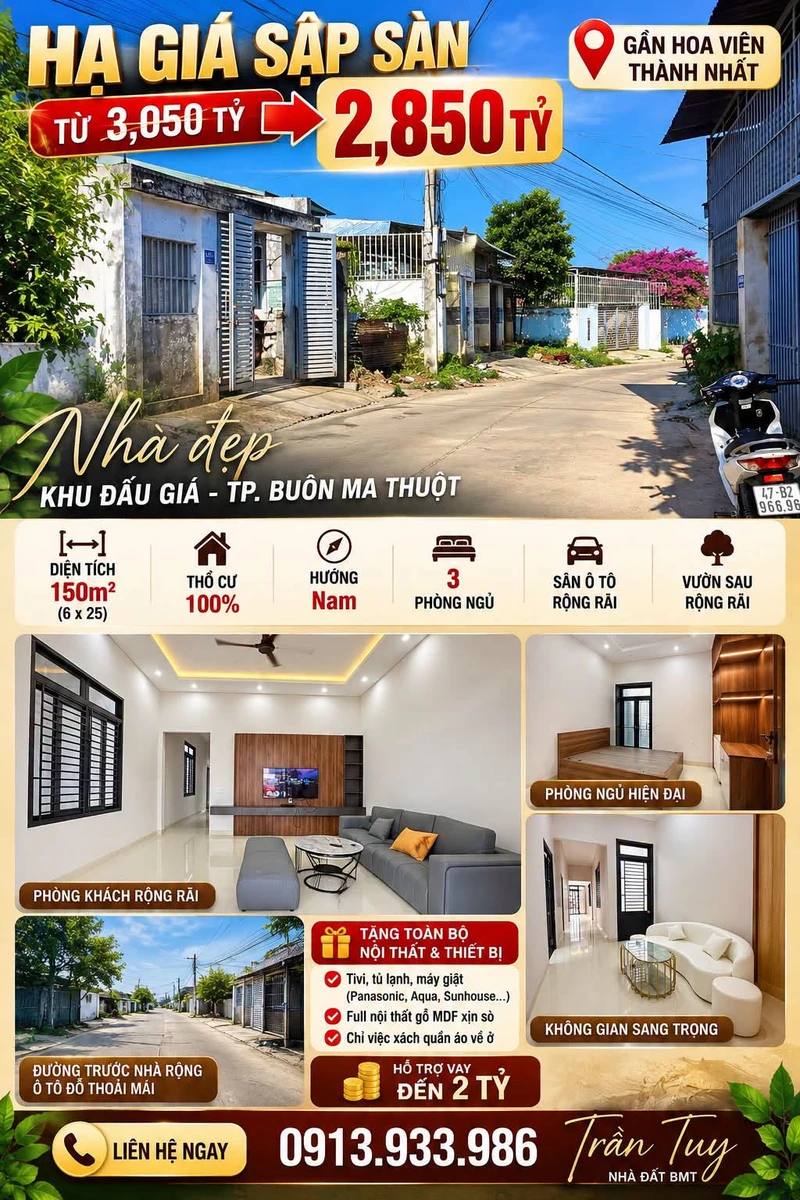 Bán nhà 150m² 3 phòng ngủ full nội thất gần Hoa viên Thành Nhất, Buôn Ma Thuột - Ảnh 1