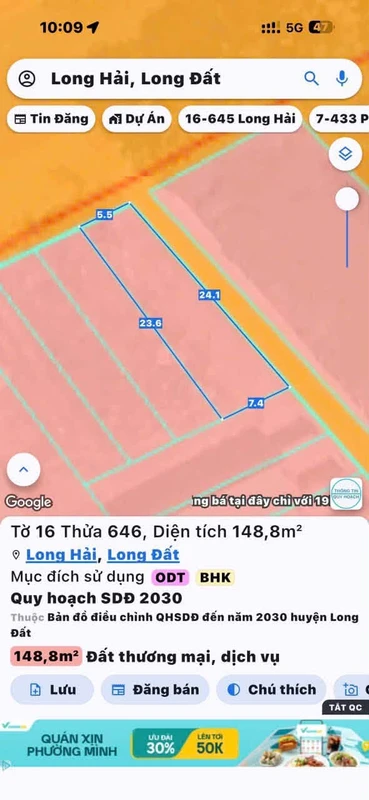 Bán lô đất góc 2 mặt tiền 100m² Long Hải