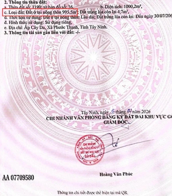 Bán đất 1000m2 mặt tiền Tây Ninh giá 980 triệu