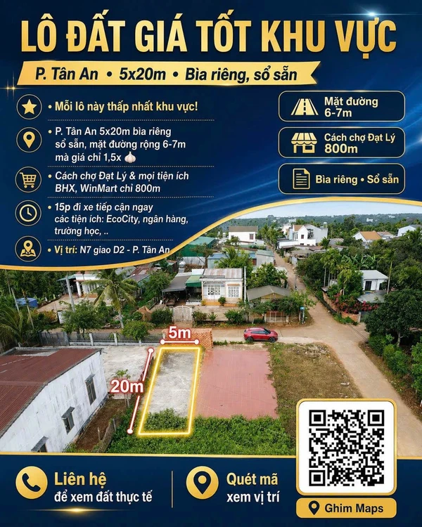 Bán đất 5x20 đối diện Chợ Đạt Lý, Phường Tân An, Đắk Lắk giá 1,5 tỷ