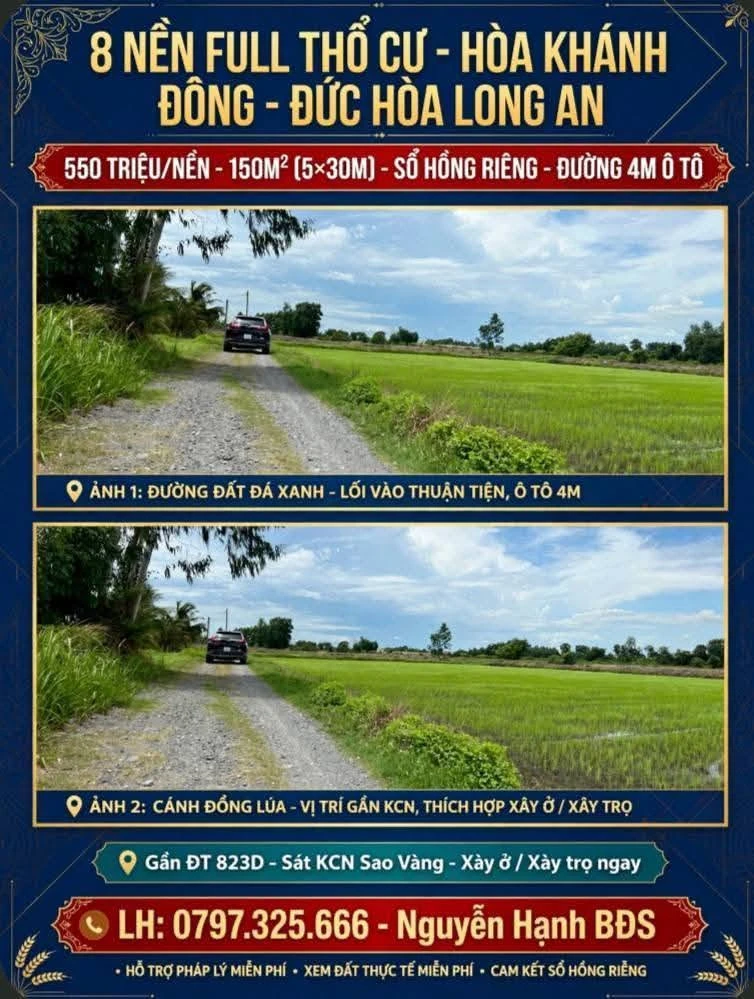 Bán đất thổ cư 150m2 sổ hồng riêng giá 550 triệu/nền tại Hòa Khánh Đông, Đức Hòa - Ảnh 1