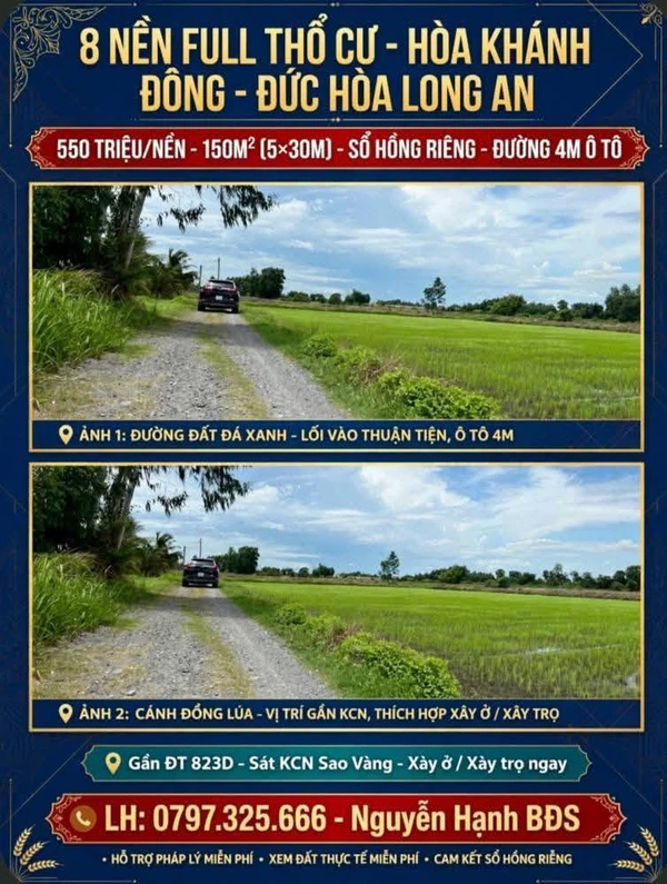 Bán đất thổ cư 150m2 sổ hồng riêng giá 550 triệu/nền tại Hòa Khánh Đông, Đức Hòa