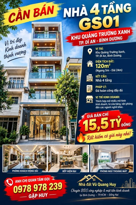 Bán nhà 4 tầng 120m² Quảng Trường Xanh, Dĩ An 15,5 tỷ