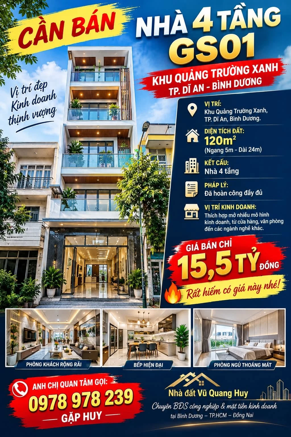 Bán nhà 4 tầng 120m² Quảng Trường Xanh, Dĩ An 15,5 tỷ - Ảnh 1