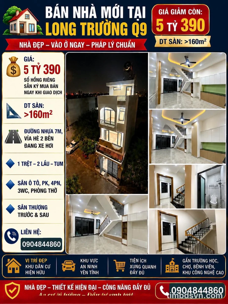 Bán nhà mới Long Trường Q9, 4PN 3WC, 160m², 5,39 tỷ - Ảnh 1