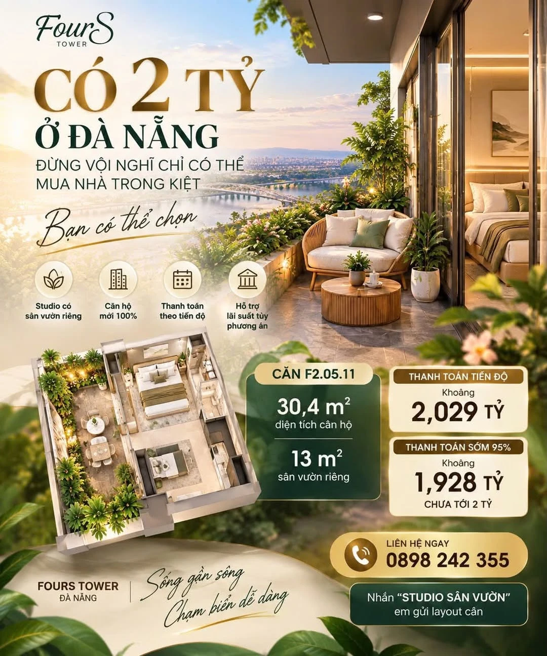 Bán căn hộ sân vườn 43,4m² Four S Tower tại Hòa Xuân, Đà Nẵng - Ảnh 1
