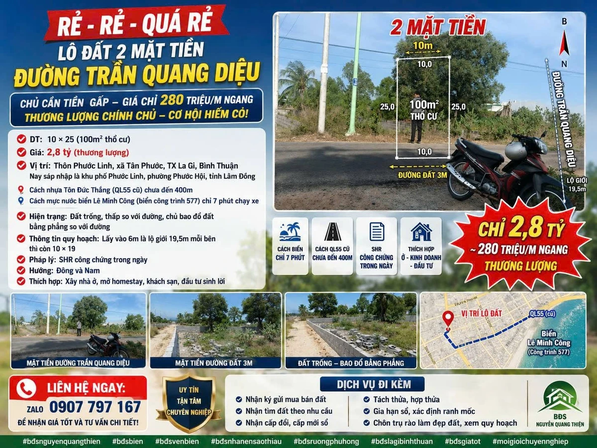 Bán đất 2 mặt tiền Trần Quang Diệu, 100 m², 2,8 tỷ, Lâm Đồng - Ảnh thu nhỏ 2